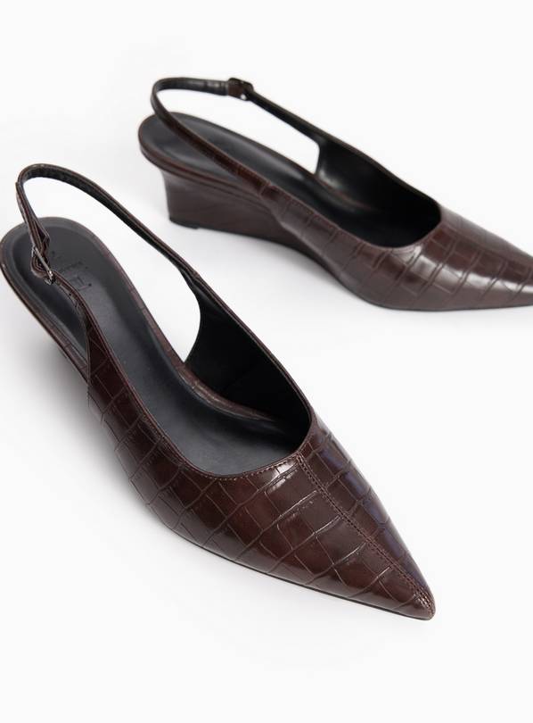 Dark Red Wedge Faux Leather Croc Detail Slingback Shoes 4